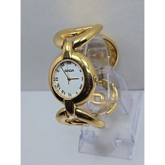 Saga by Mathey Tissot Womens Gold Tone Chunky Bracelet Watch Roman New Battery - Picture 2 of 11